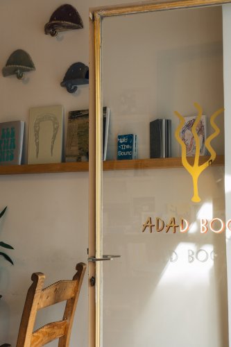 A frosted glass door with a collection of eclectic books displayed on a wooden shelf above it, with wall-mounted ceramic accents and plants adding charm to the setting.