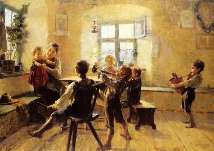 a painting of kids playing musical instruments in a house, a woman holding a baby looking at them.