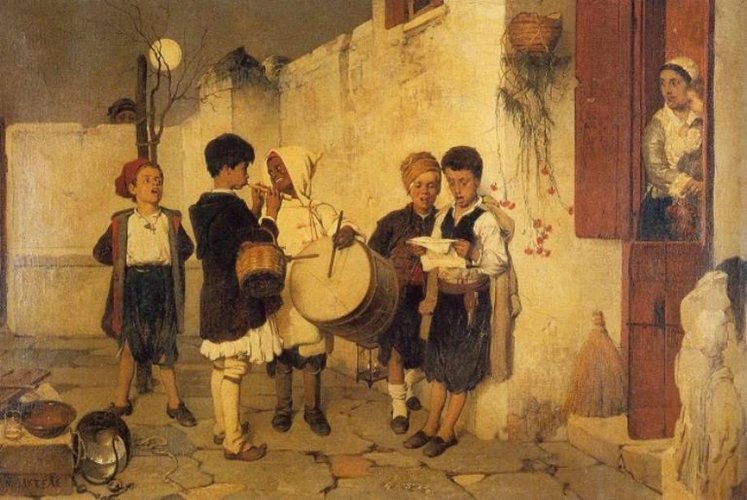 A painting of kids in traditional Greek clothing singing carols outside a house with christmas decorations.